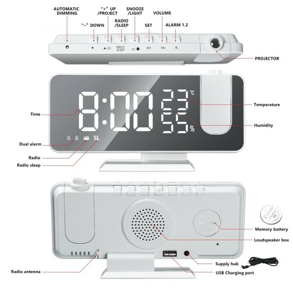 LED Big Screen Mirror Alarm Clock with Projection Display_11