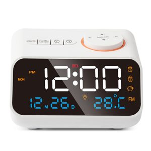 FM Radio LED Alarm Clock with Temperature and Humidity Meter – USB Rechargeable