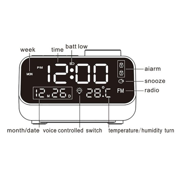 FM Radio LED Alarm Clock with Temperature and Humidity Meter - USB Rechargeable_7